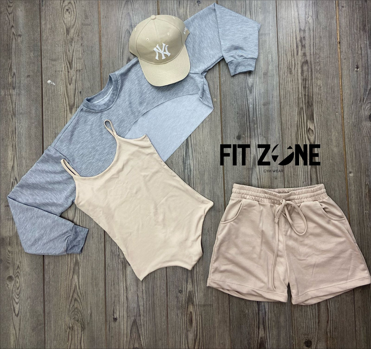 Trio basic short + top o body + buzo manguitos gris