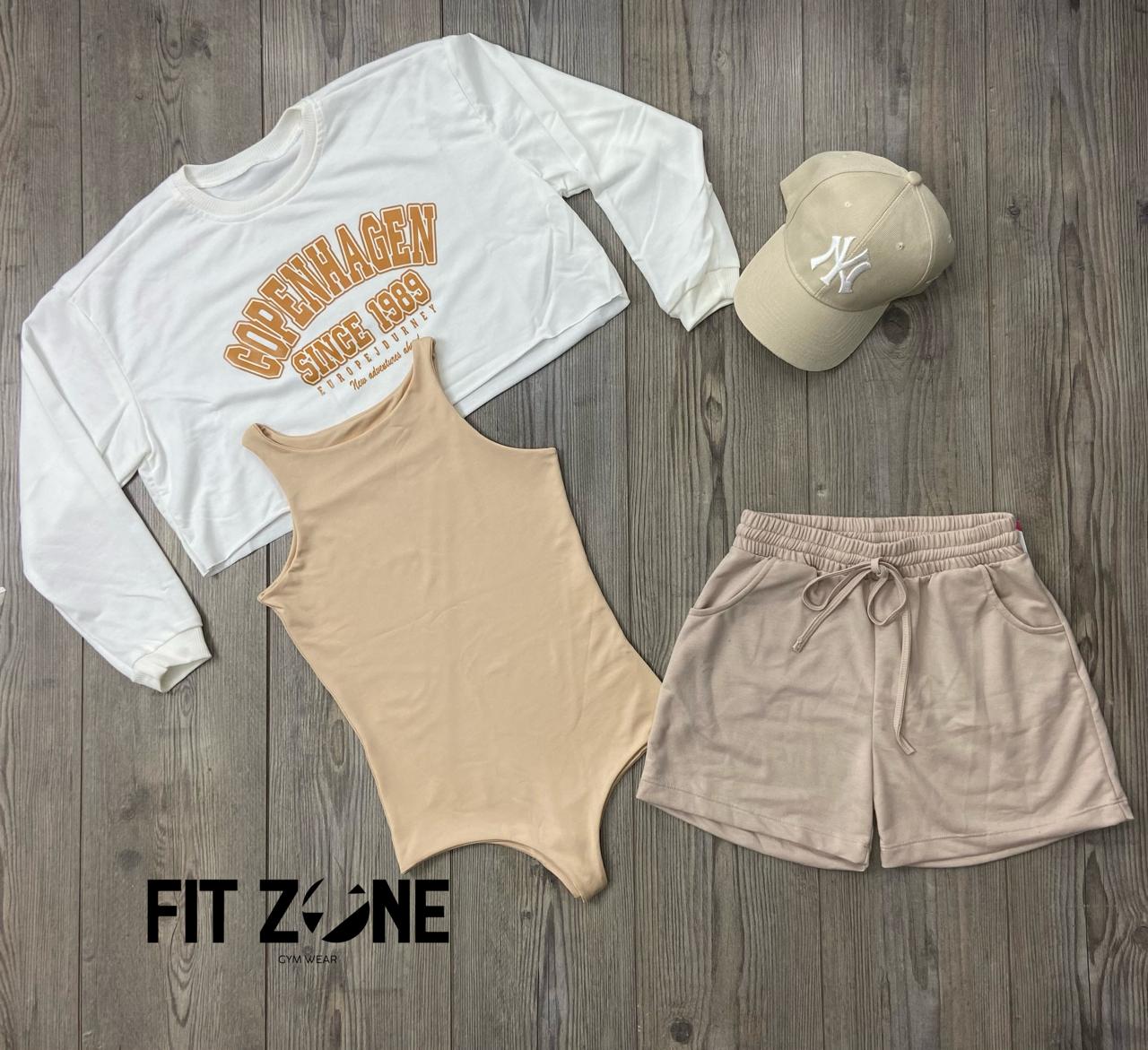 Trio basic short + top o body + buzo copenhagen marfil lt mostaza