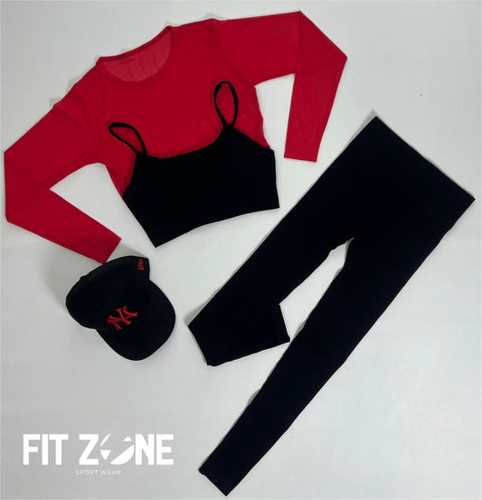 TOTAL LOOK LEGGING, TOP Y BUZO MALLA