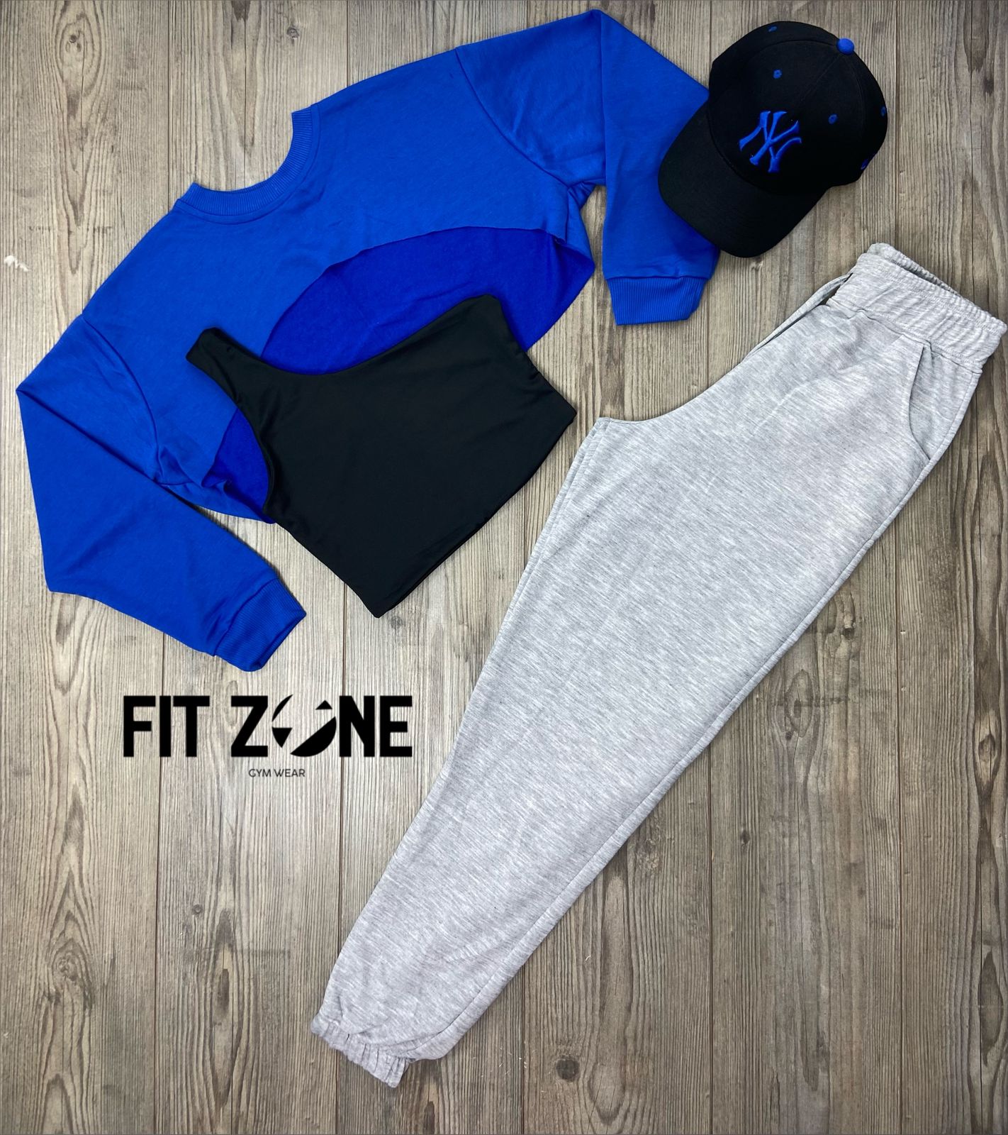 Trio basic joggers + top o body + buzo azul rey