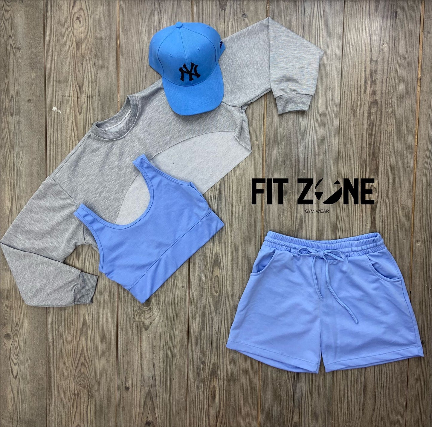 Trio basic short + top o body + buzo manguitos gris