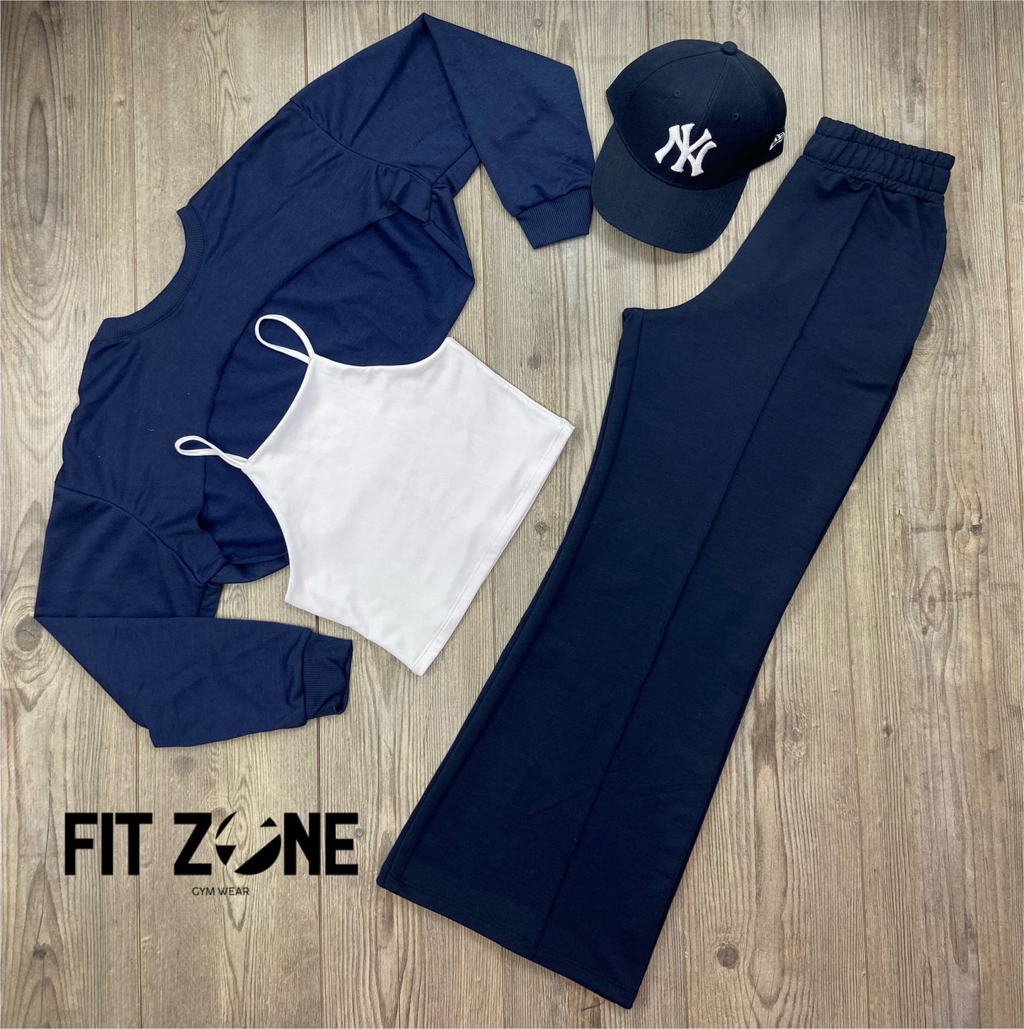 Trio basic joggers + top o body + buzo manguito navy