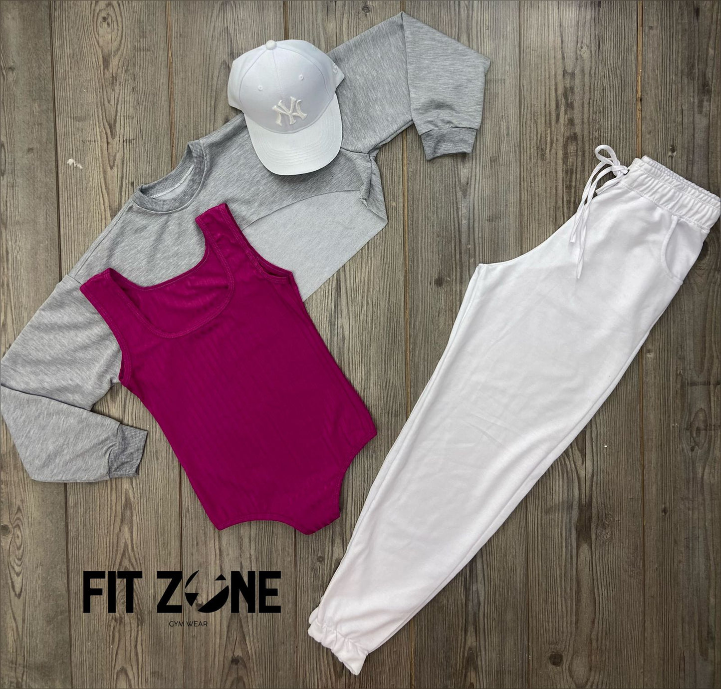 Trio basic joggers + top o body + buzo manguito gris