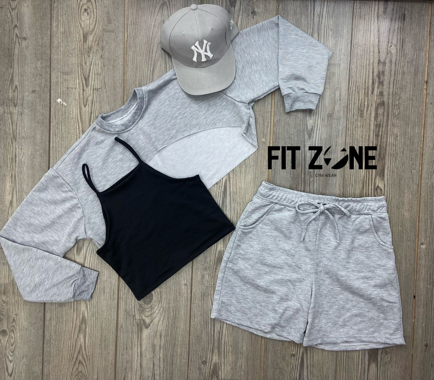 Trio basic short + top o body + buzo manguitos gris