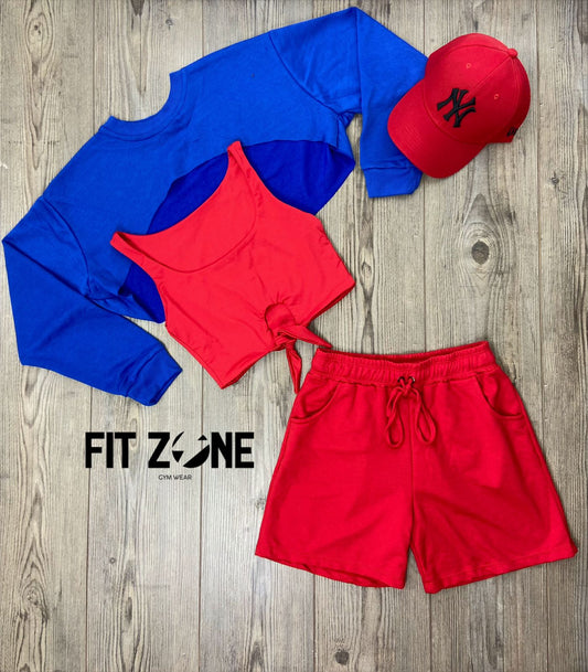 Trio basic short + top o body + buzo manguitos azul rey