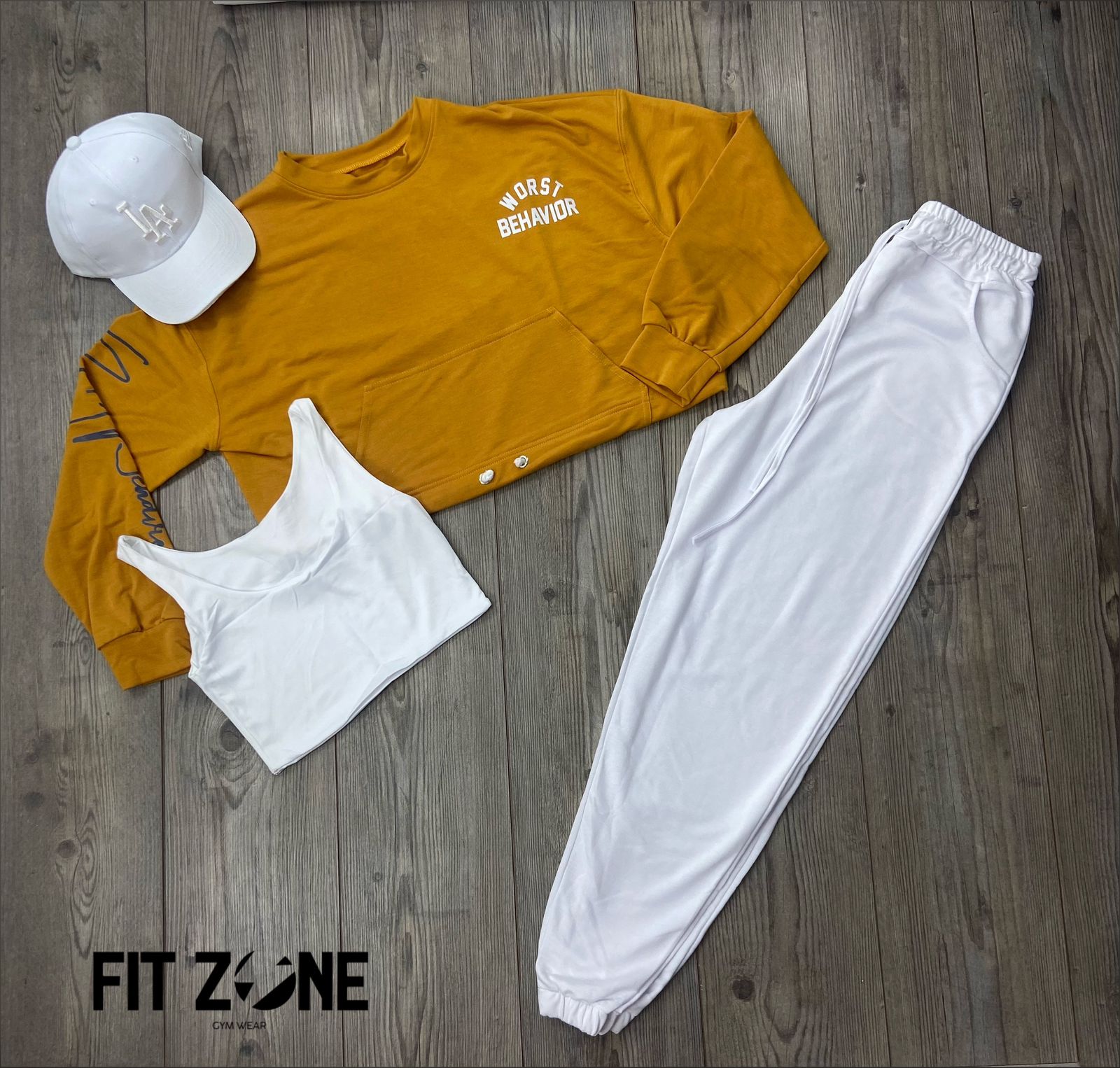 Trio basic joggers + top + buzo cúrcuma