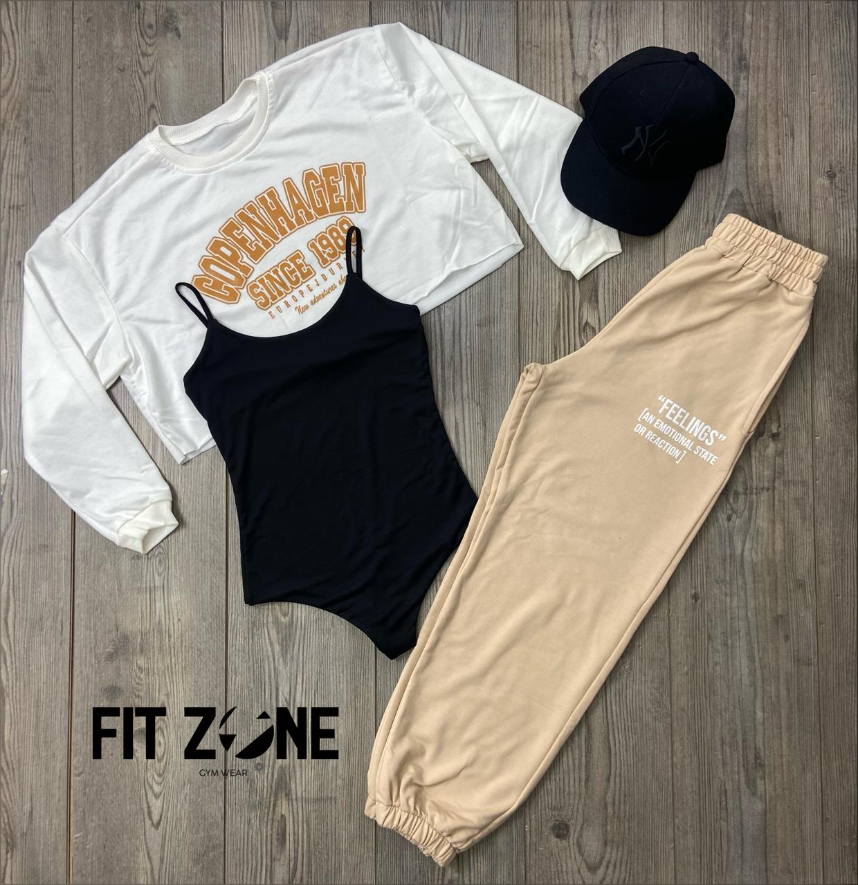 Trio basic joggers + top + buzo copenhagen marfil lt mostaza