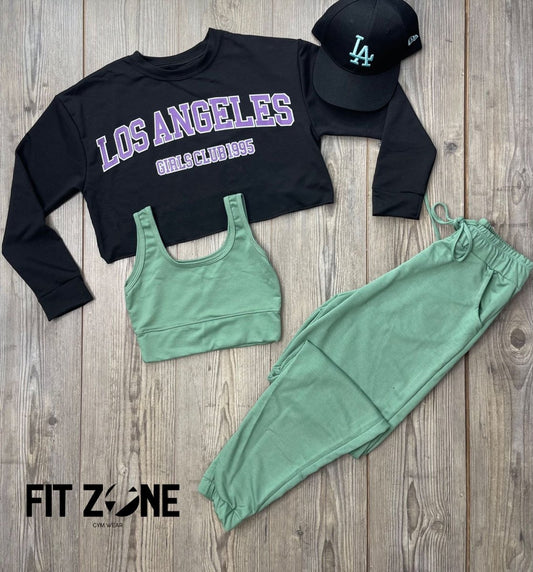 Trío basic joggers + body o T-shirt + buzo los angeles negro - Fitzone_ctg