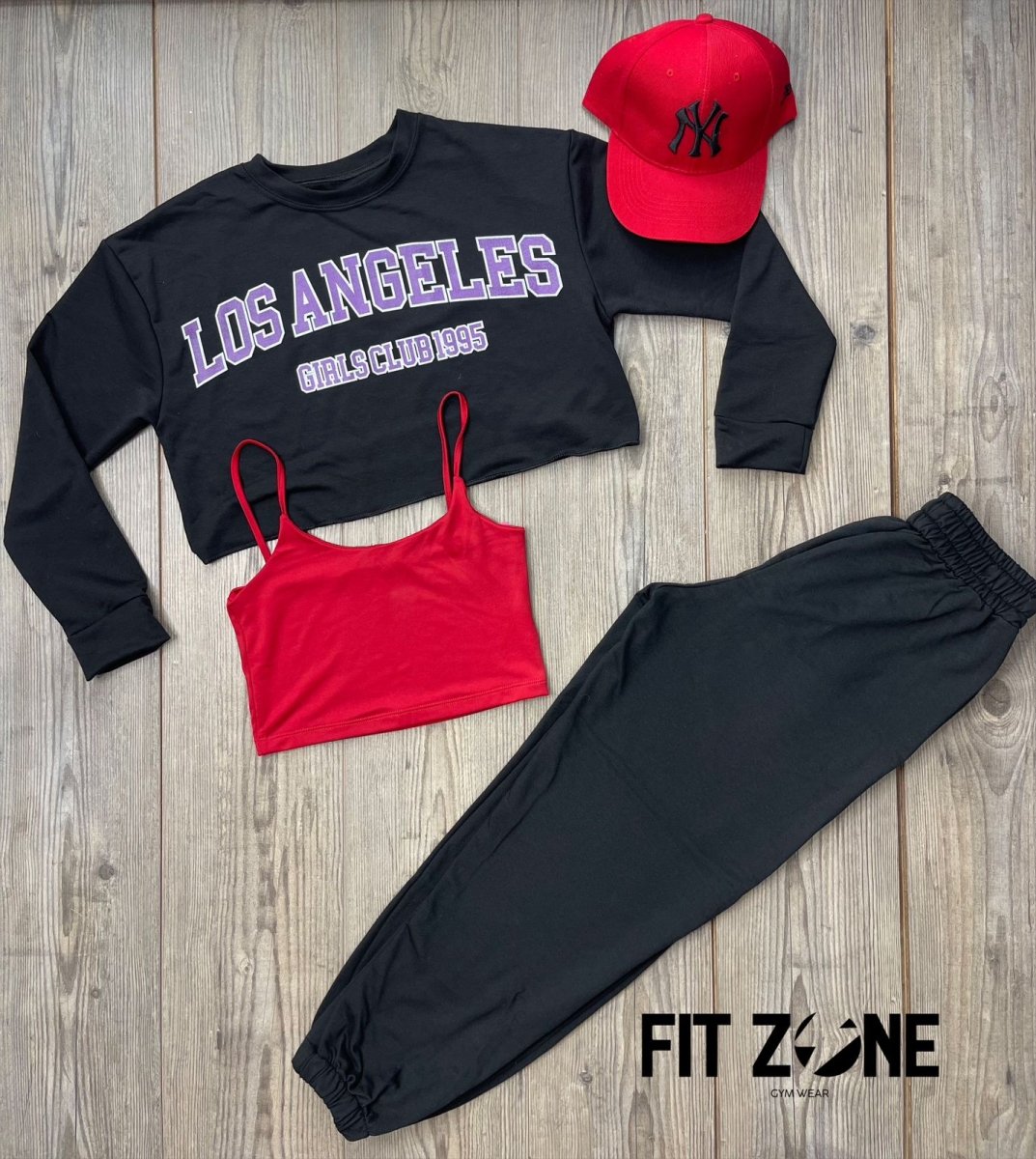 Trío basic joggers + body o T-shirt + buzo los angeles negro - Fitzone_ctg
