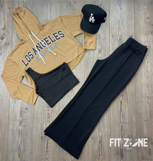 Trío basic joggers + top + buzo los angeles beige lt negra - Fitzone_ctg