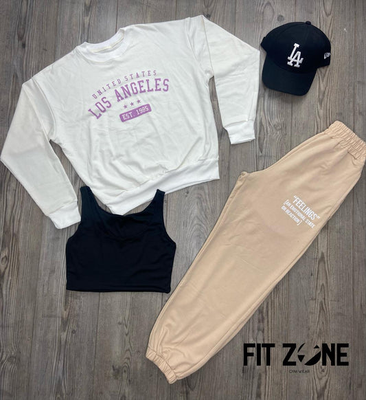 Trio basic joggers + top + buzo los angeles marfil - Fitzone_ctg