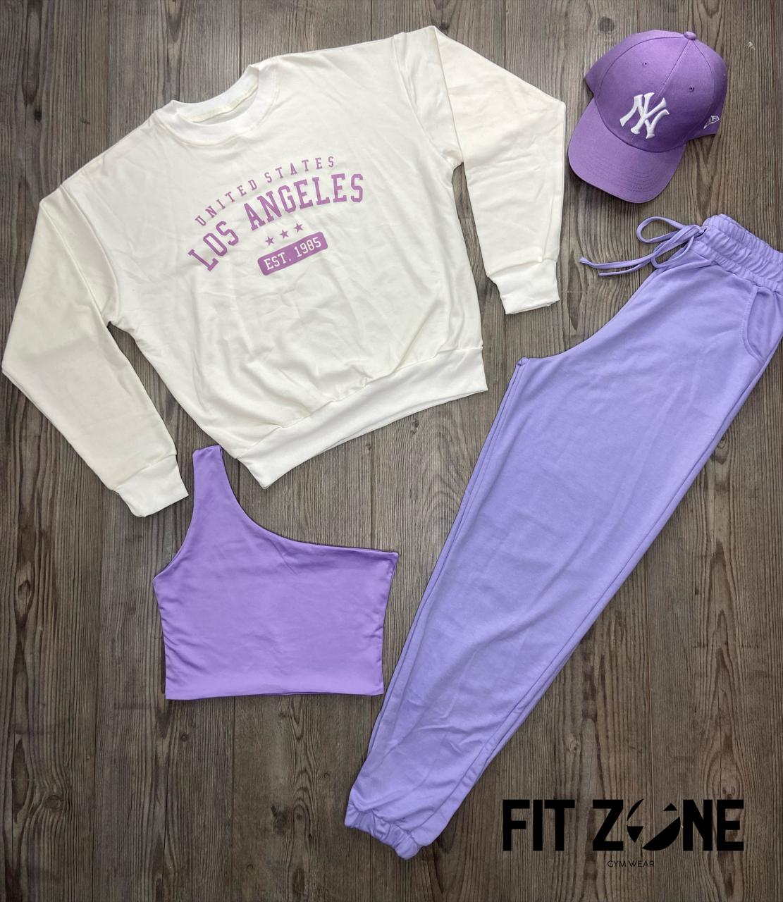 Trio basic joggers + top + buzo los angeles marfil - Fitzone_ctg