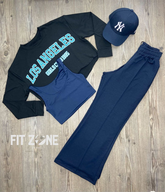 Trio basic joggers + top  + buzo los angeles negro lt azul - Fitzone_ctg