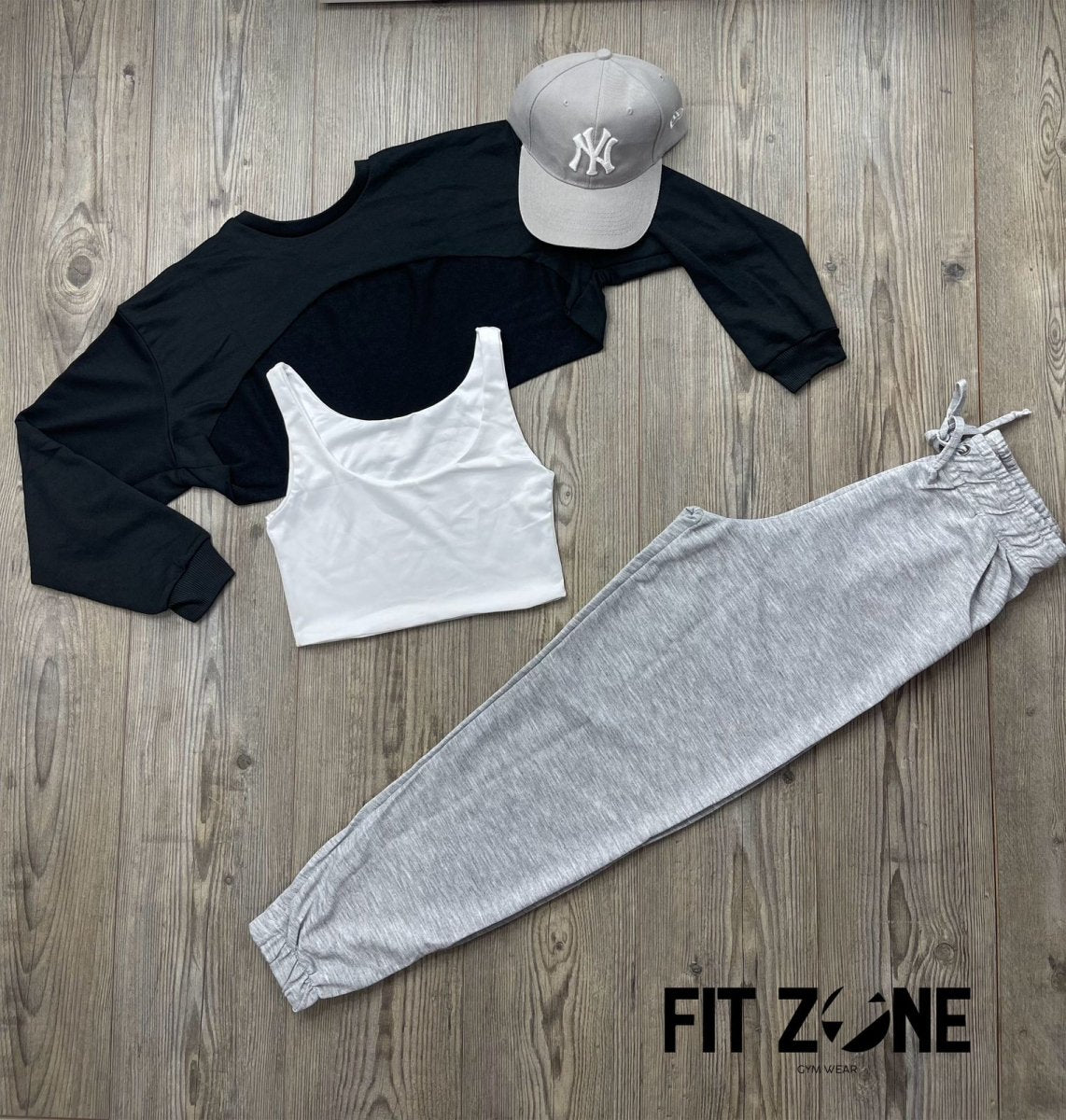 Trío basic joggers + top  + buzo manguito negro - Fitzone_ctg