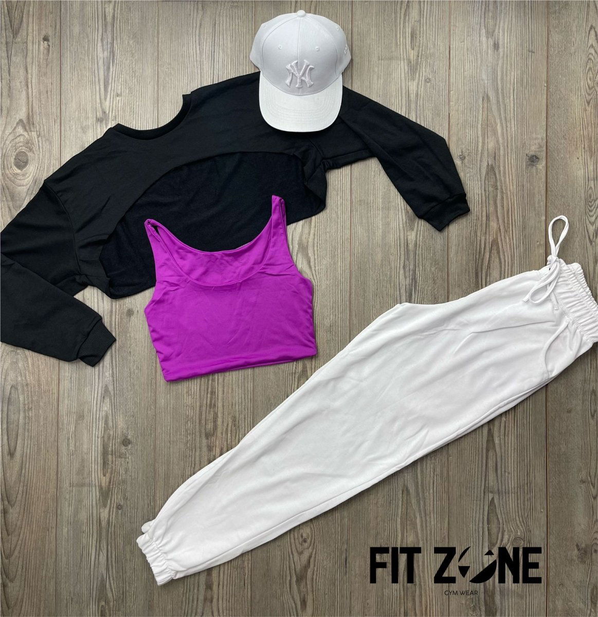 Trío basic joggers + top  + buzo manguito negro - Fitzone_ctg