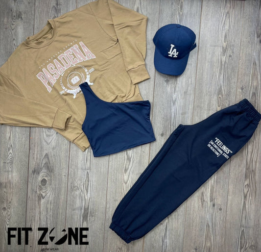 Trio basic joggers + top + buzo  pasadena Beige - Fitzone_ctg