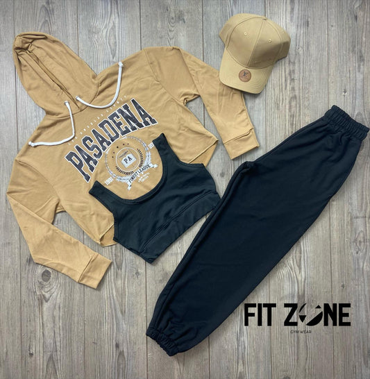 Trio basic joggers + top + buzo  pasadena Beige lt negra - Fitzone_ctg