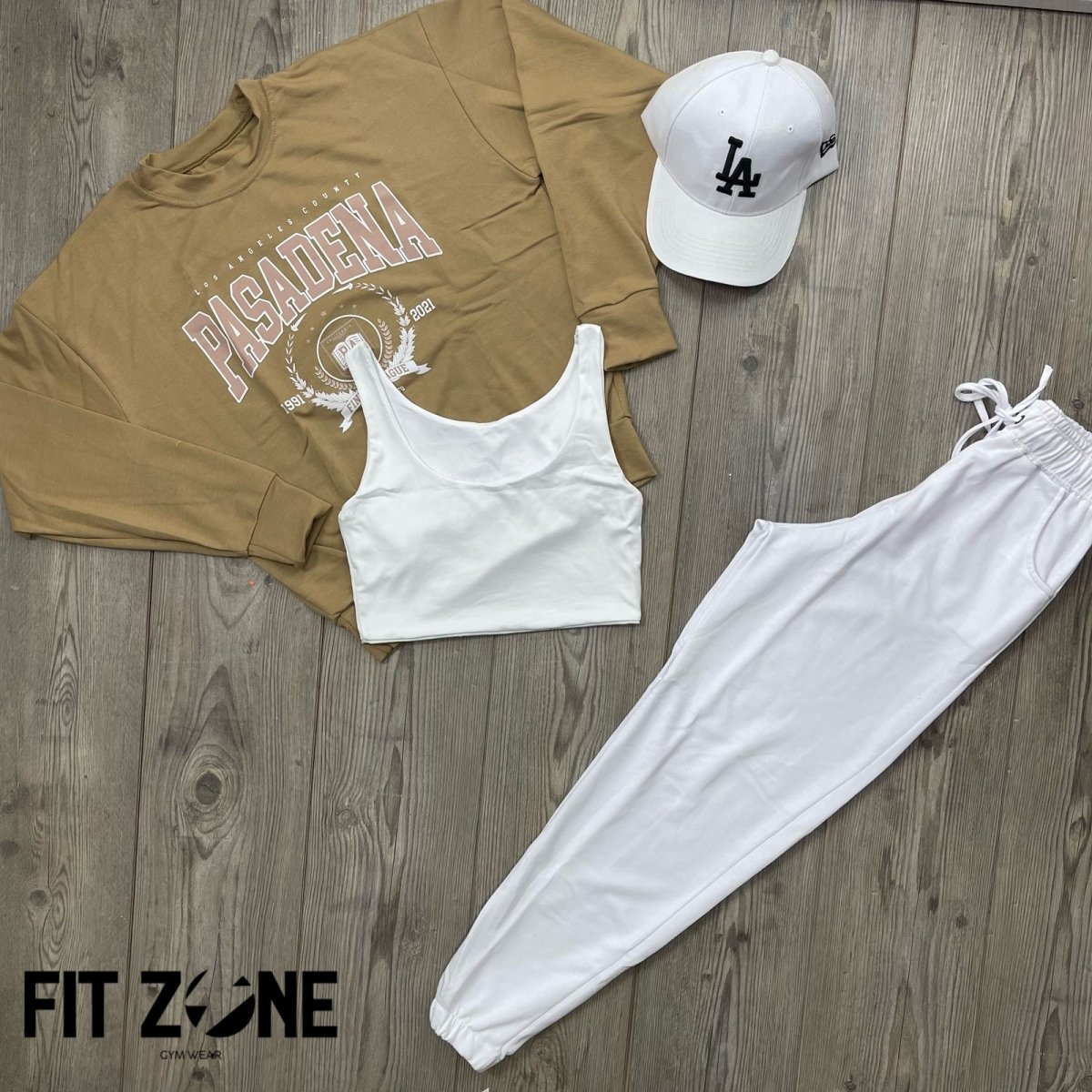 Trio basic joggers + top + buzo pasadena beige - Fitzone_ctg