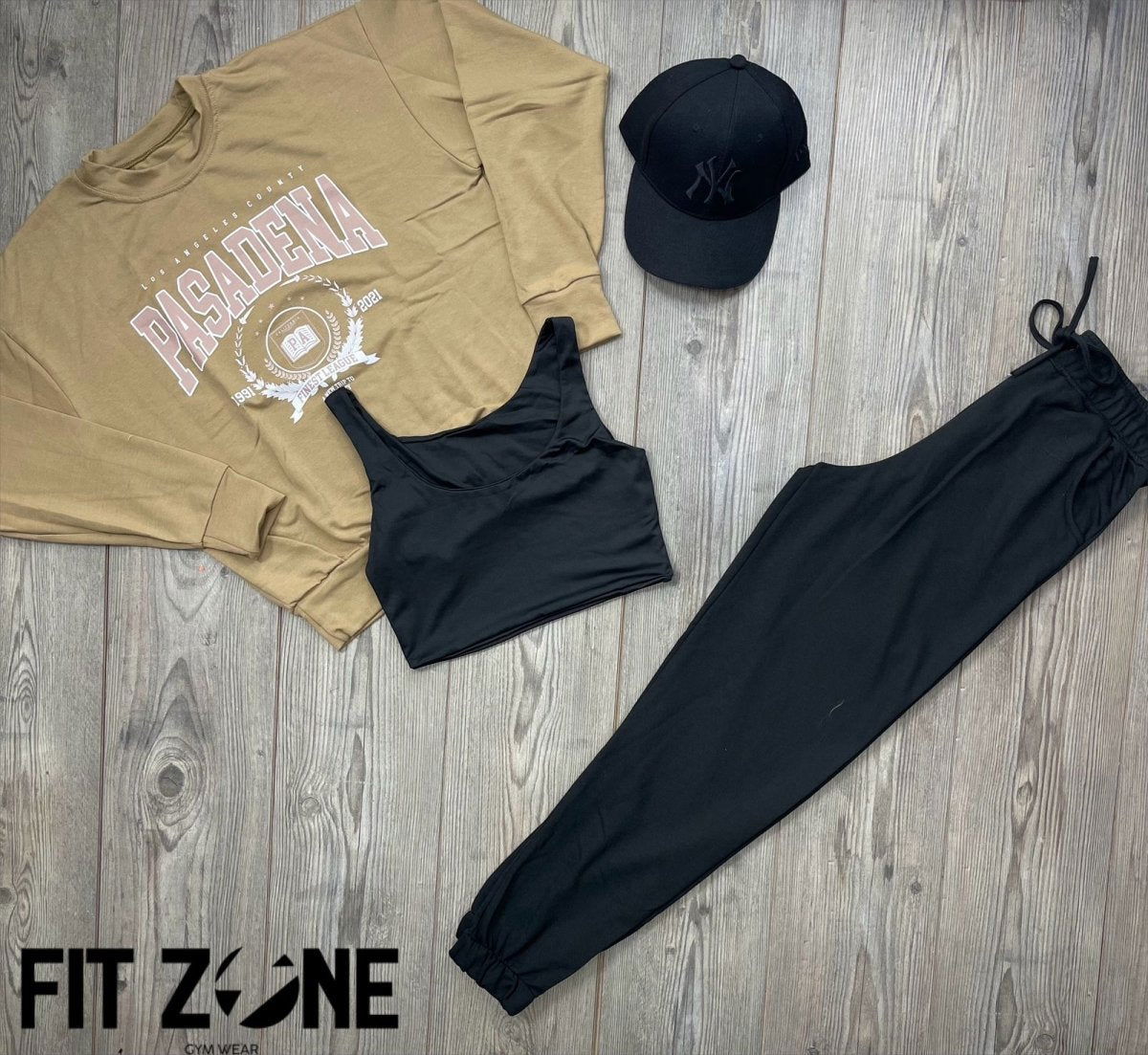 Trio basic joggers + top + buzo pasadena beige - Fitzone_ctg