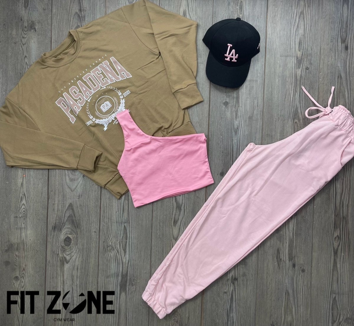 Trio basic joggers + top + buzo pasadena beige - Fitzone_ctg