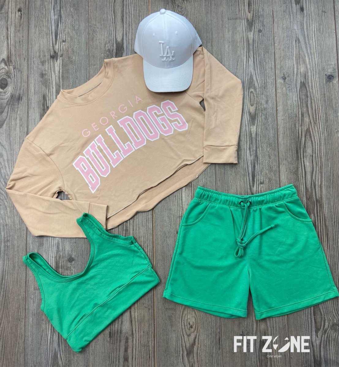Trio basic short + top + buzo Bulldogs beige lt rosa - Fitzone_ctg
