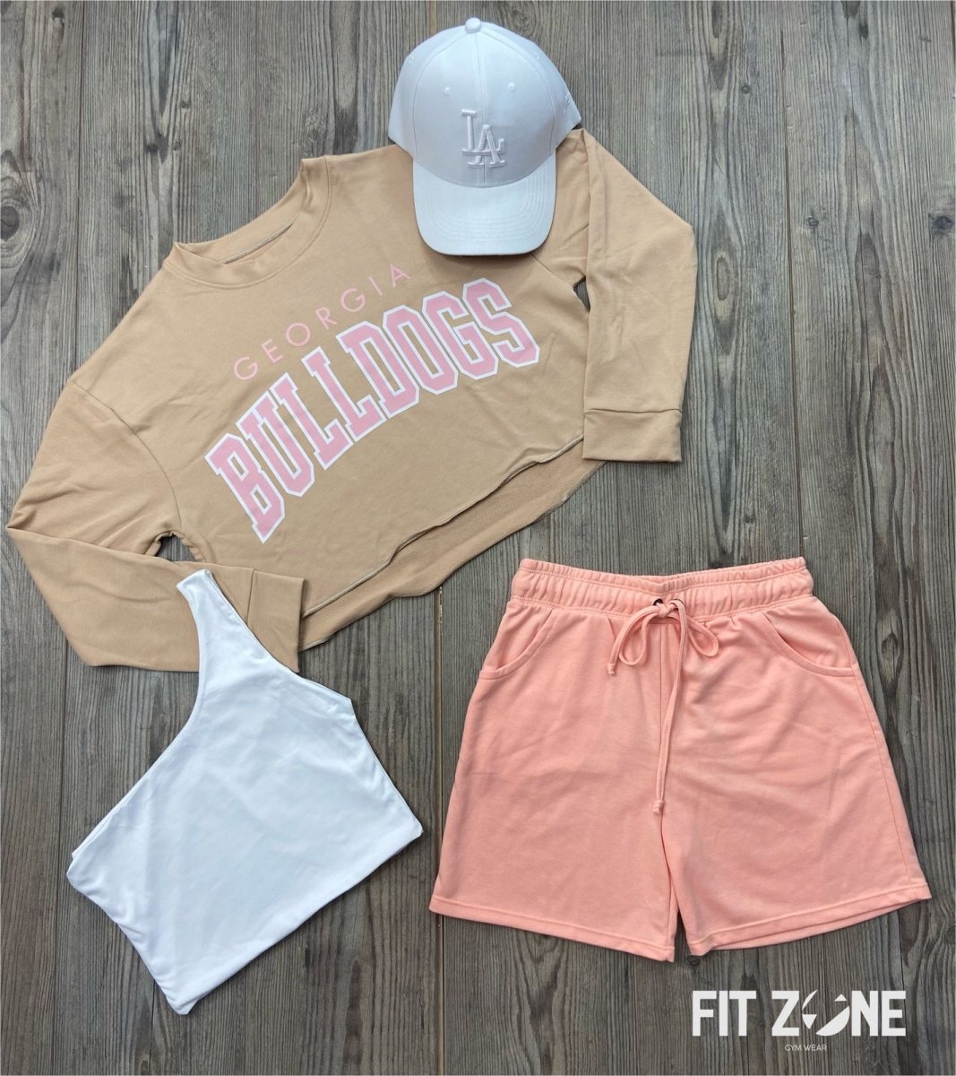 Trio basic short + top + buzo Bulldogs beige lt rosa - Fitzone_ctg