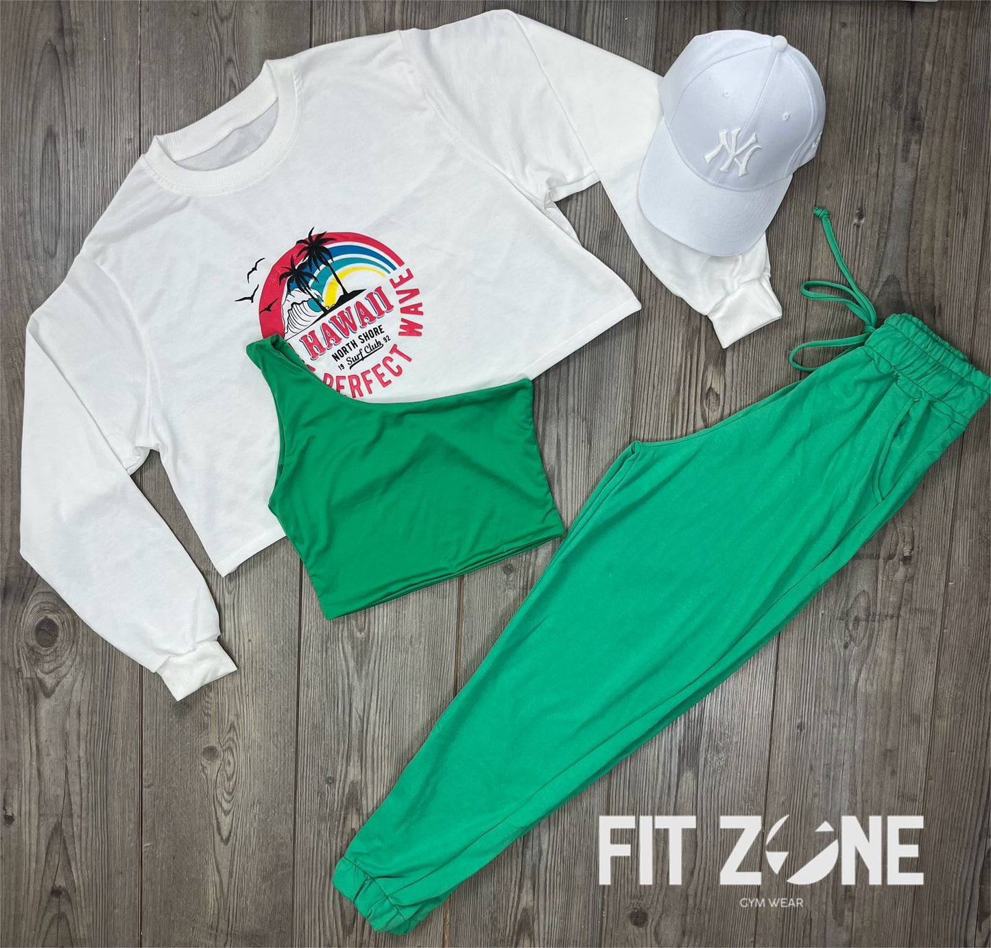 Trio basic joggers + top + buzo hawaii