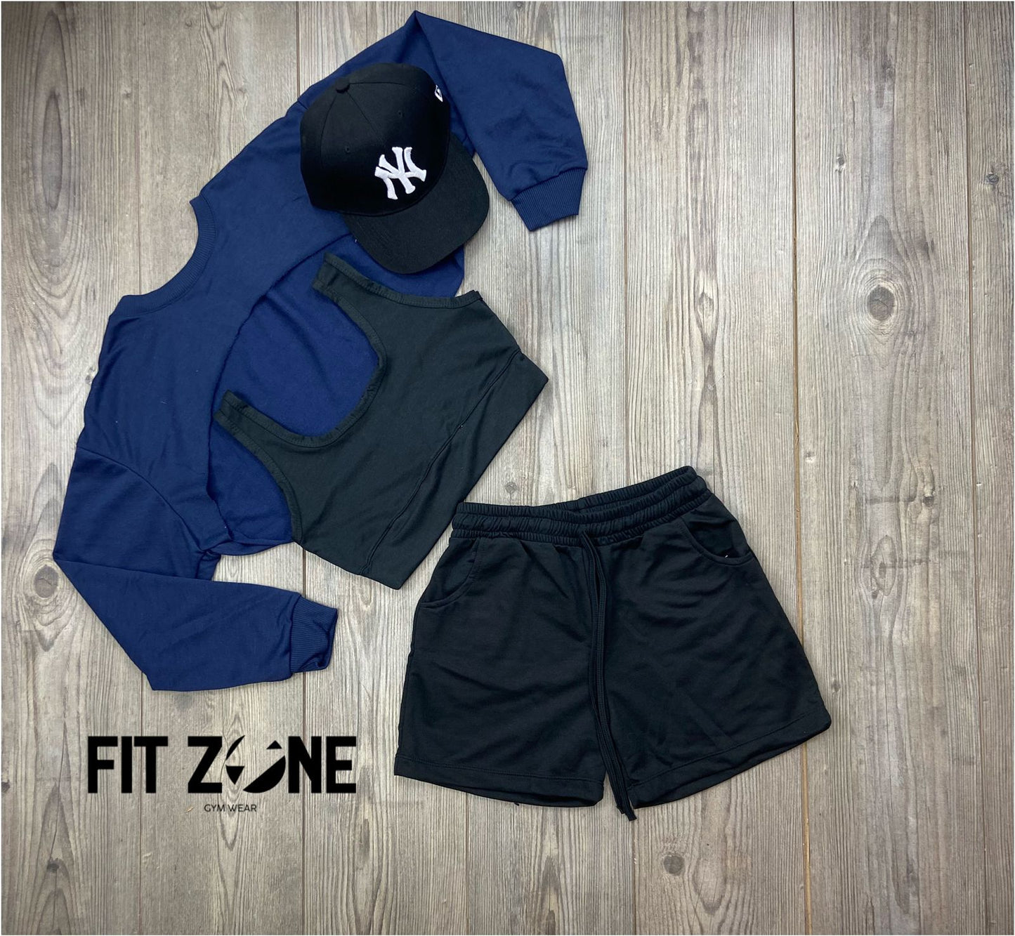 Trio basic short +top  + buzo manguito navy