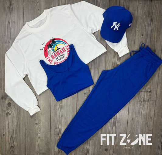 Trio basic joggers + top + buzo hawaii