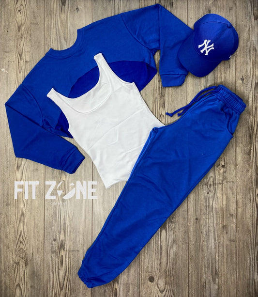 Trio basic joggers + top o body + buzo azul rey