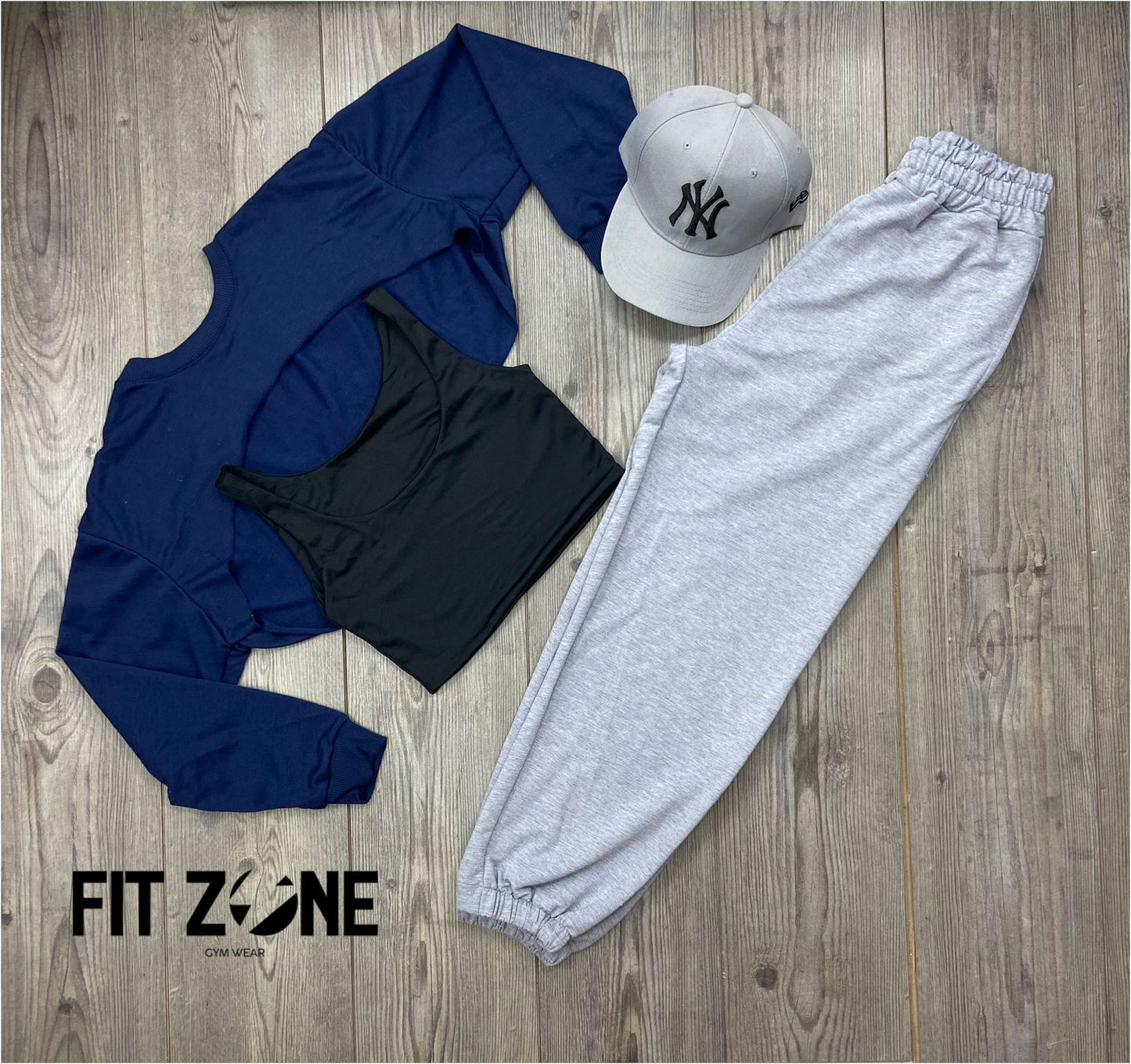 Trio basic joggers + top o body + buzo manguito navy