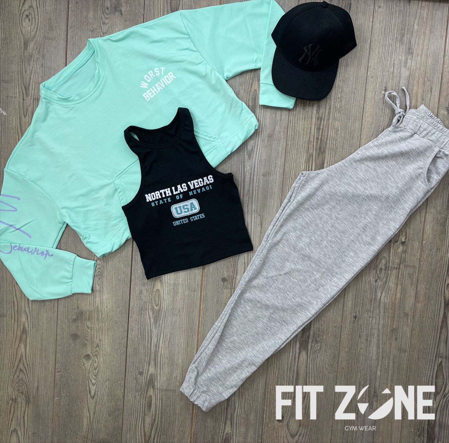 Trio basic joggers + top o body + buzo menta