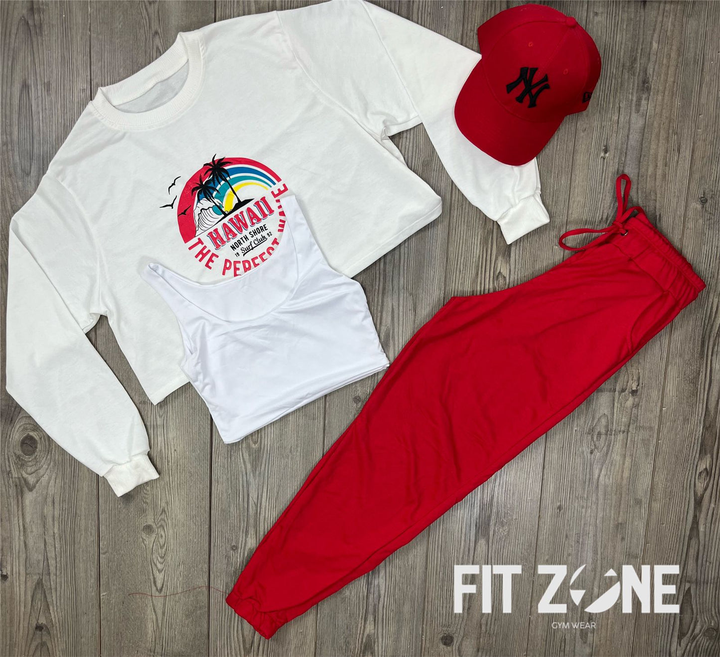 Trio basic joggers + top + buzo hawaii