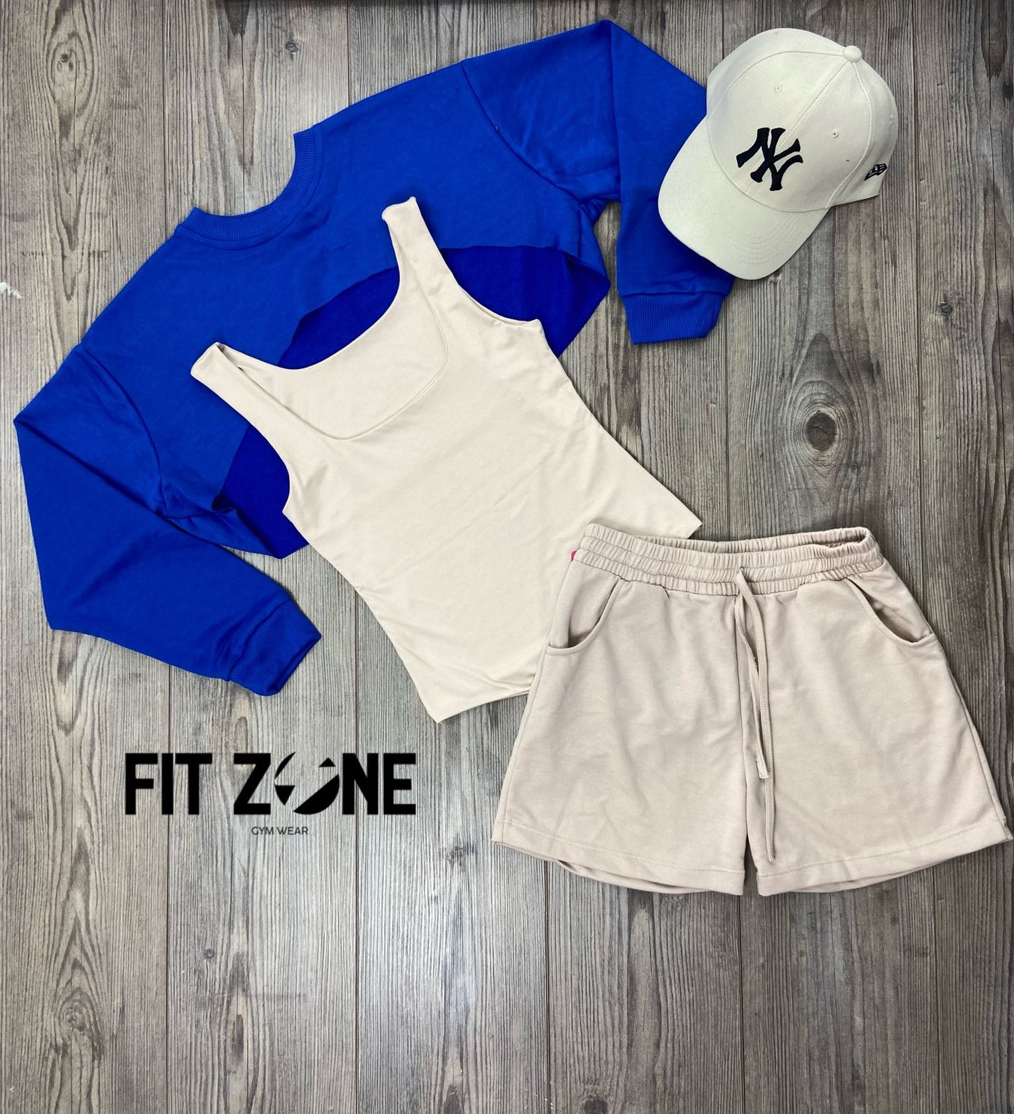 Trio basic short + top o body + buzo manguitos azul rey