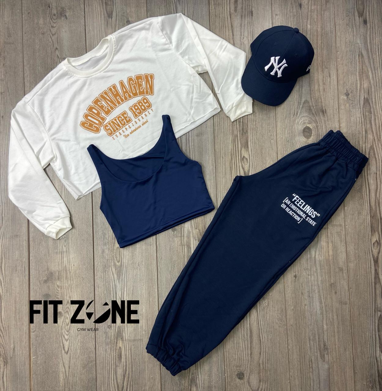 Trio basic joggers + top + buzo copenhagen marfil lt mostaza