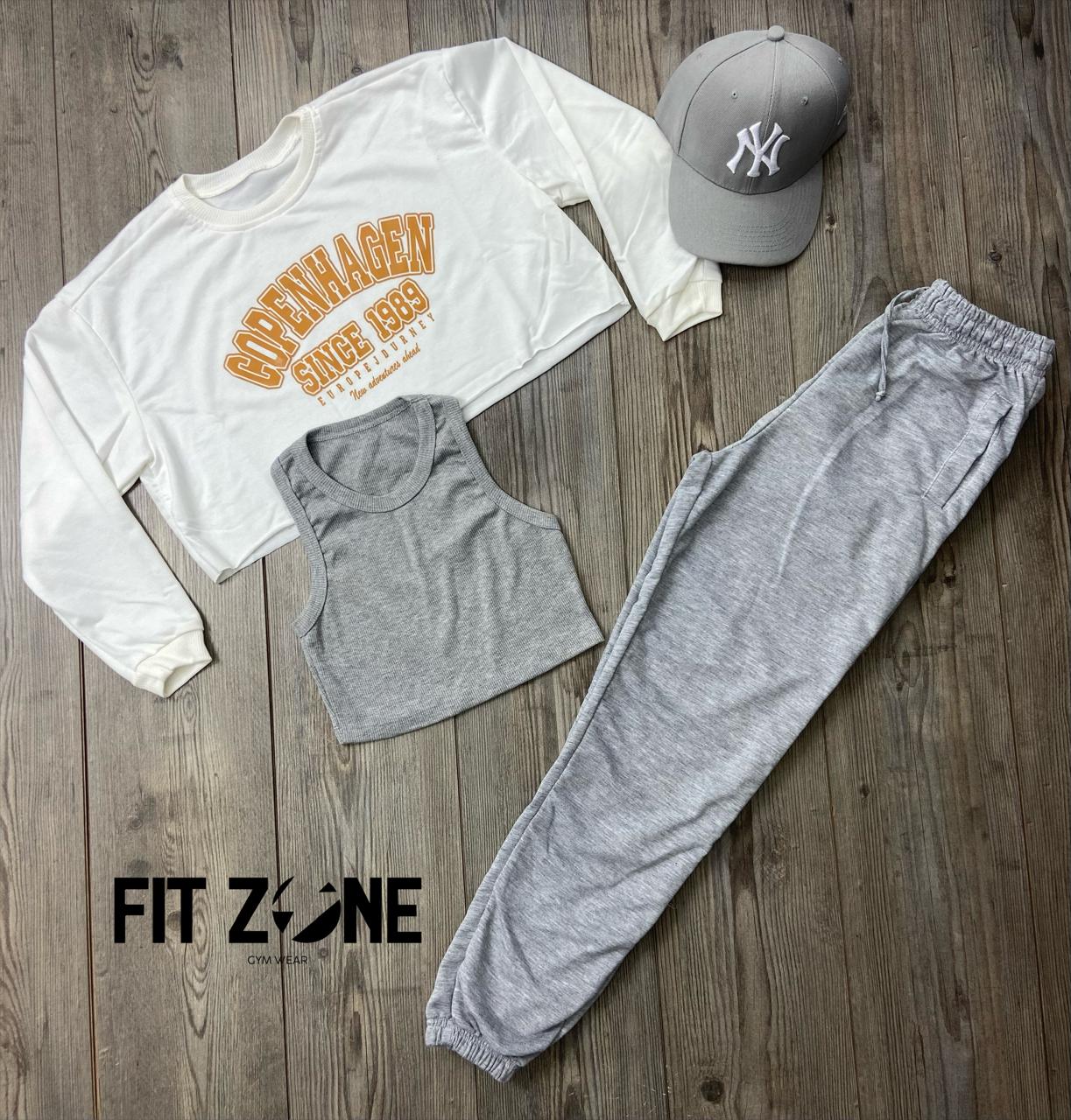 Trio basic joggers + top + buzo copenhagen marfil lt mostaza