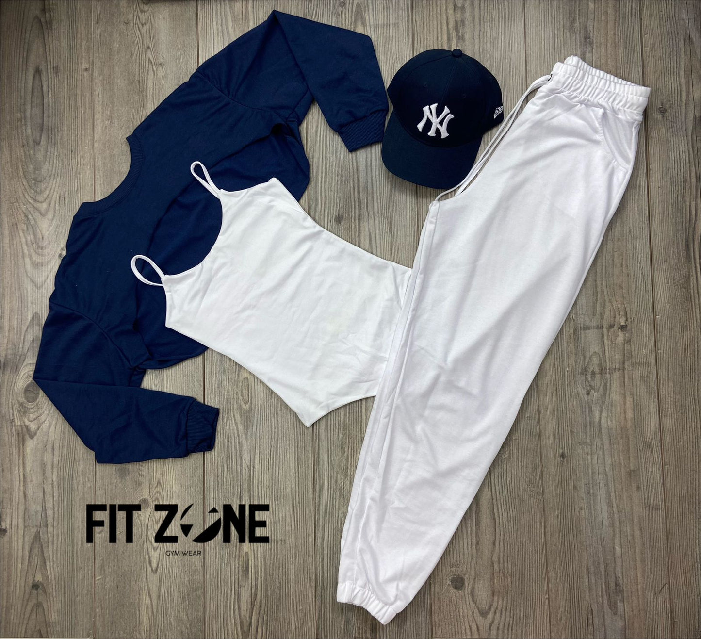 Trio basic joggers + top o body + buzo manguito navy