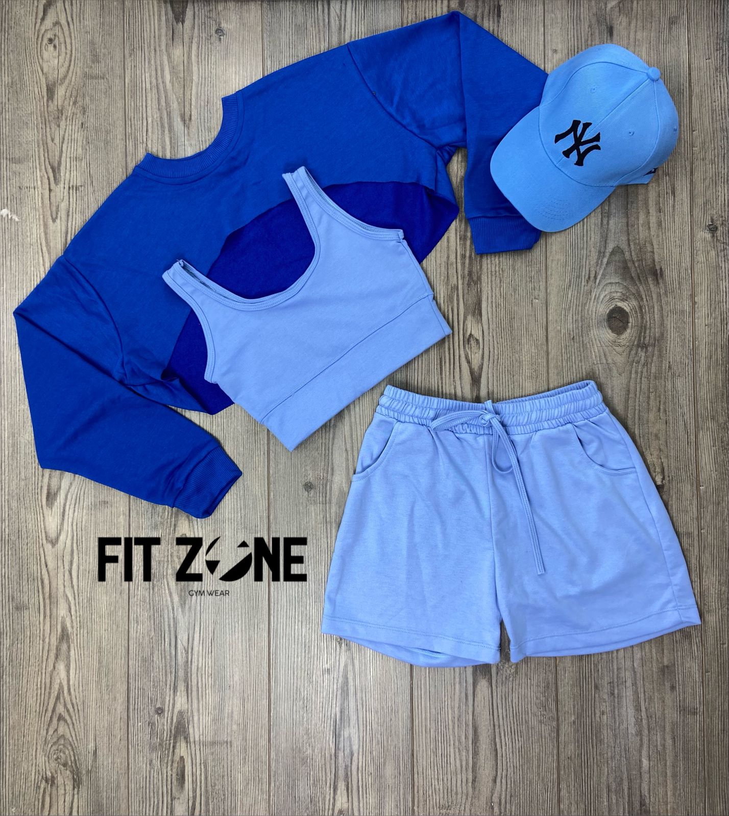 Trio basic short + top o body + buzo manguitos azul rey