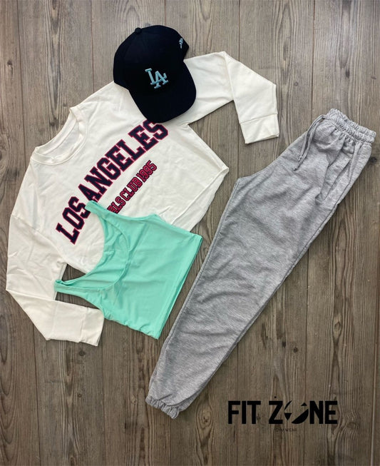 Trio basic joggers + top  + buzo los angeles marfil lt negra/rosa - Fitzone_ctg