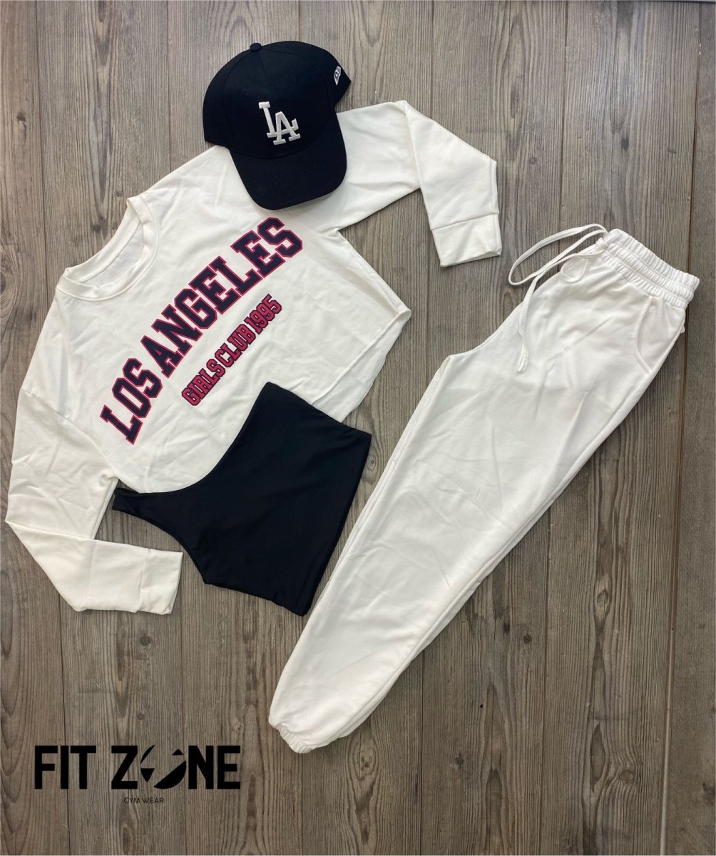 Trio basic joggers + top  + buzo los angeles marfil lt negra/rosa - Fitzone_ctg