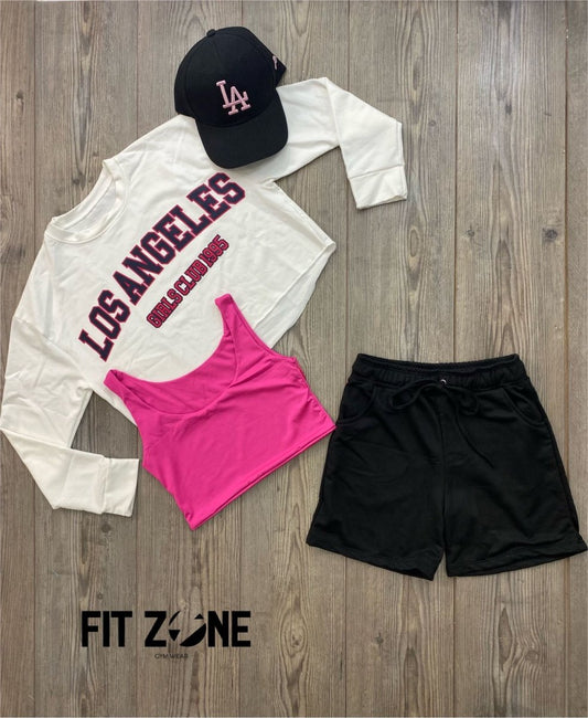 Trio basic short + top  + buzo Los angeles marfil lt negro/rosa - Fitzone_ctg