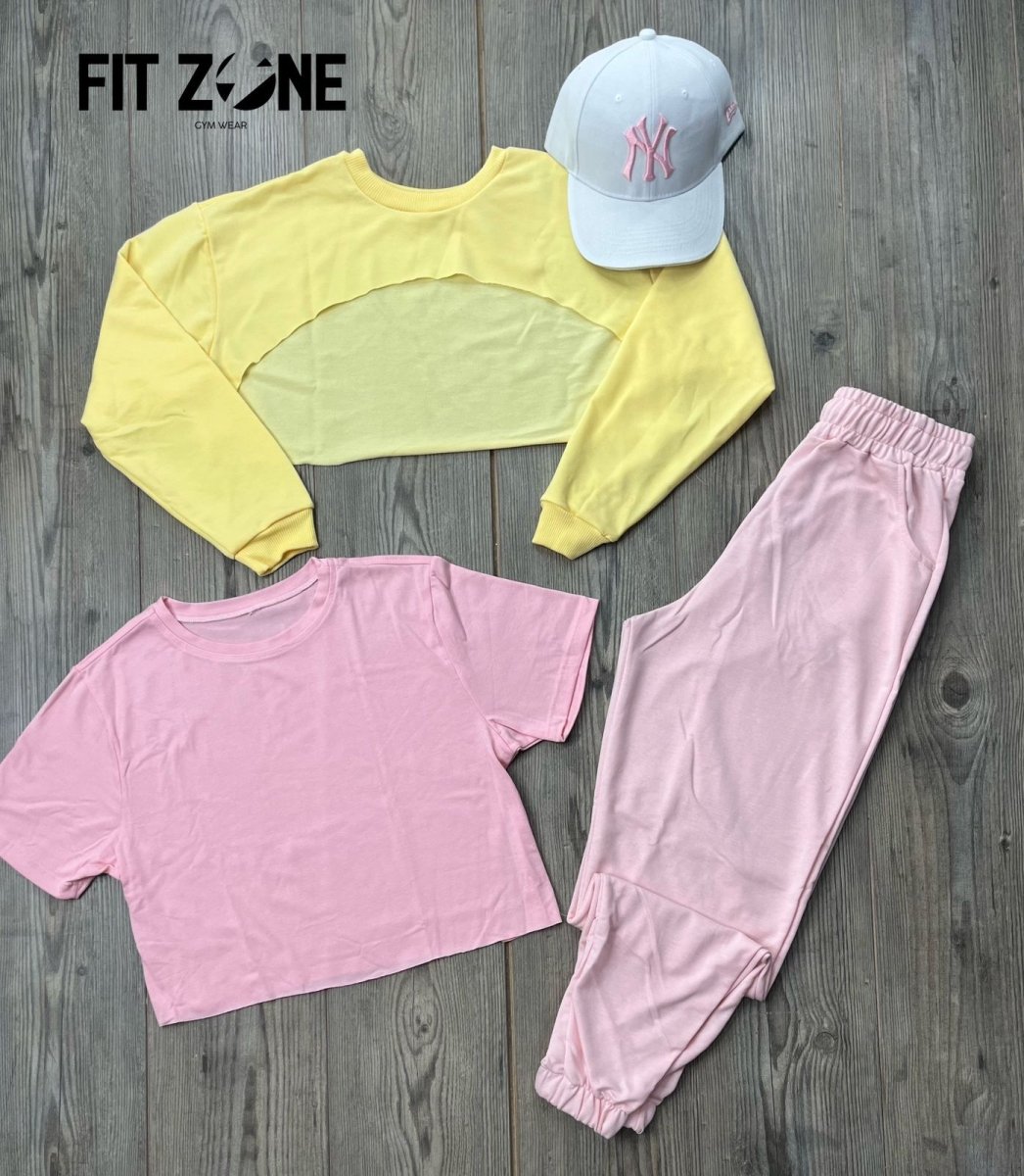 Trio basic joggers + top/t-shirt + buzo manguito amarillo - Fitzone_ctg