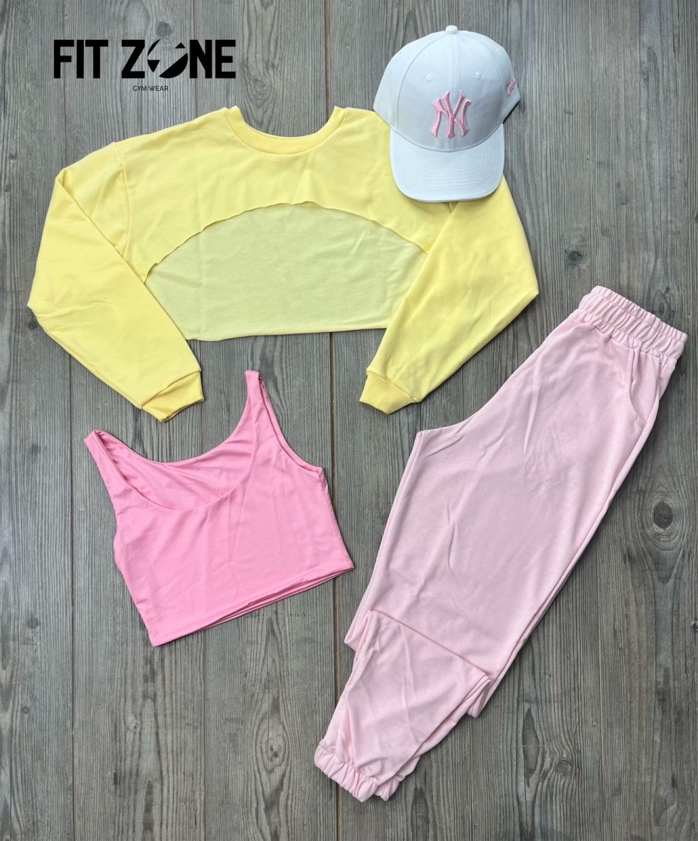 Trio basic joggers + top/t-shirt + buzo manguito amarillo - Fitzone_ctg