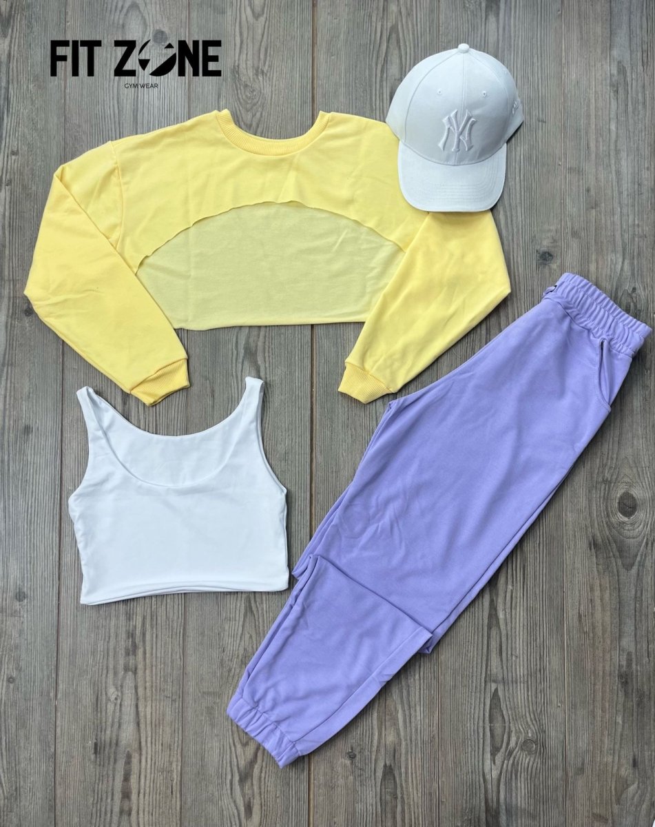 Trio basic joggers + top/t-shirt + buzo manguito amarillo - Fitzone_ctg