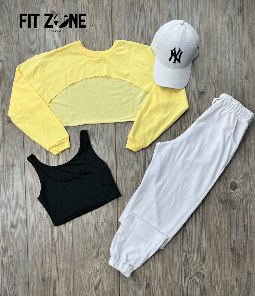 Trio basic joggers + top/t-shirt + buzo manguito amarillo - Fitzone_ctg