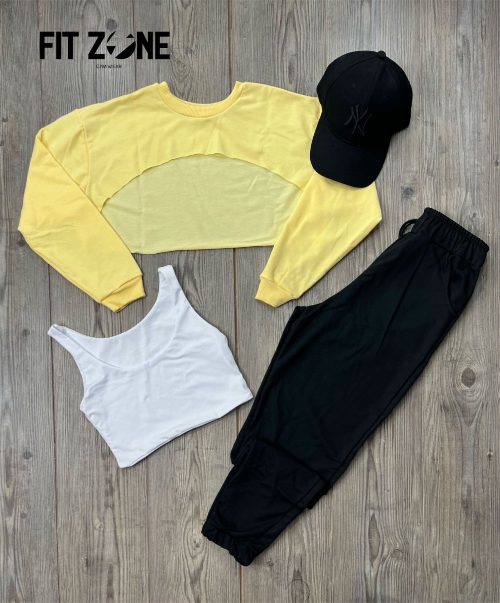 Trio basic joggers + top/t-shirt + buzo manguito amarillo - Fitzone_ctg